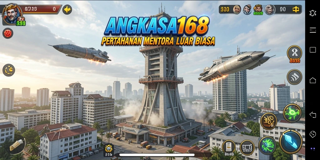 Screenshot gameplay Tower Defense ANGKASA168 menampilkan aksi pertahanan menara yang seru.