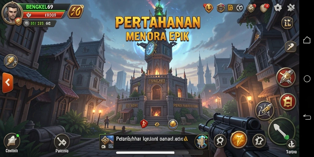 Tangkapan layar BENGKEL69 menampilkan aksi pertahanan menara yang mendebarkan.