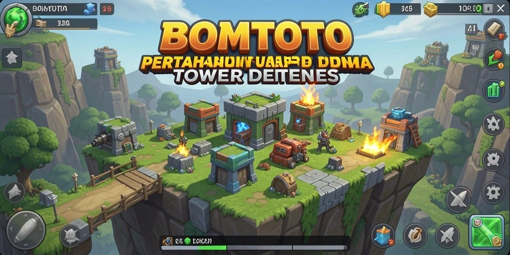 Screenshot gameplay BOMTOTO menampilkan aksi Tower Defense yang seru.