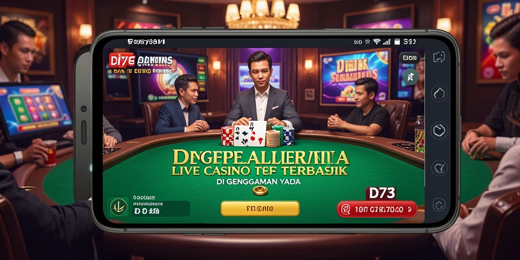 Screenshot D73 menunjukkan dealer langsung yang berinteraksi dengan pemain di meja kasino.