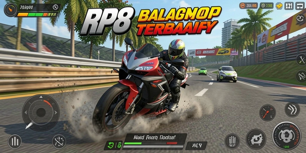 Screenshot gameplay RP8 menampilkan balapan motor yang intens dan penuh aksi.