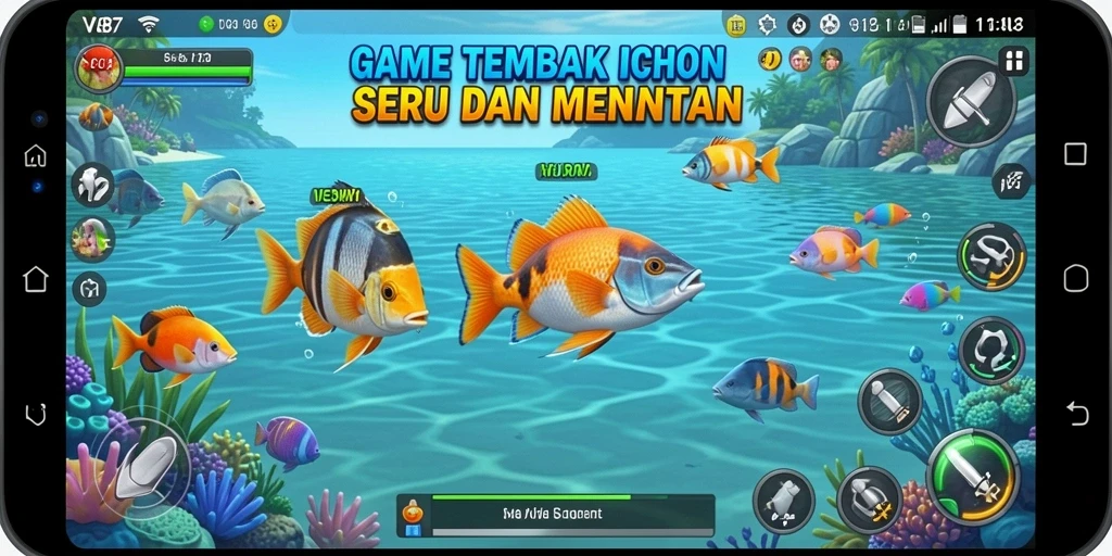 Tangkapan ikan berwarna-warni dalam V87 saat gameplay.