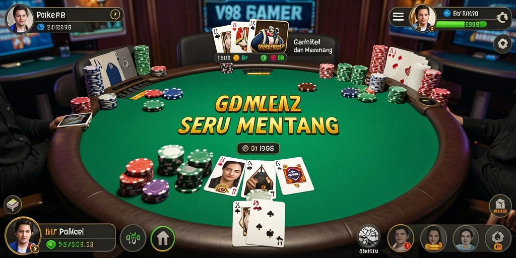 Tampilan utama gameplay V98 dengan keseruan permainan Poker.